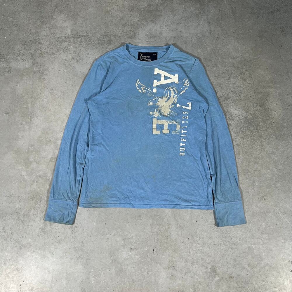 American Eagle Grunge Spell-out Logo Men's Size XS Blue Longsleeve